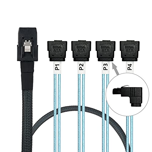 WLGQ Array Disk Cable Mini SAS 36Pin (SFF-8087) to 4 SATA 7Pin Cable, Mini SAS Host/Controller to 4 SATA90° Elbow Target/Backplane, 1M(3.3FT)