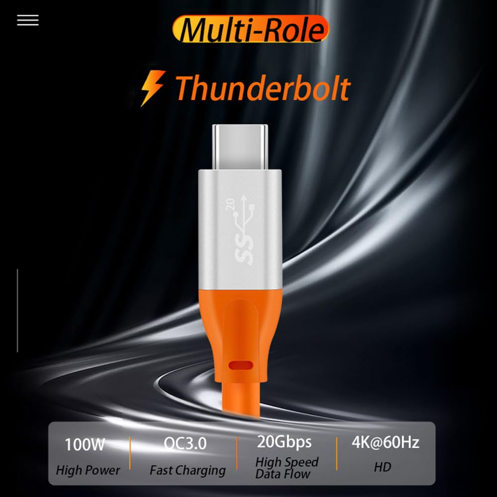 WLGQ USB C to USB C Data Cable, 3.2 GEN 2 100W Fast Charge 20Gbps USB-C Cable E-Marker Type-C 4K@60Hz Vedio Chubby Cable (3ft Orange)