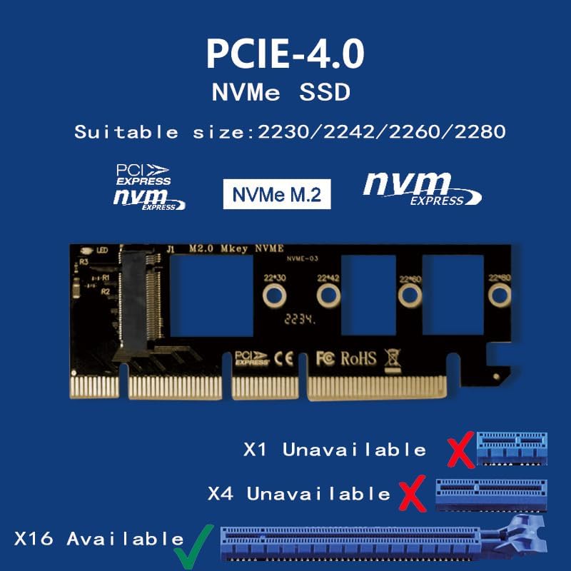 WLGQ NVMe M.2 SSD to PCIe X16 Adapter Card, Black, 2 Ports, Supports 2230/2242/2260/2280 SSD Sizes, Matte Finish 