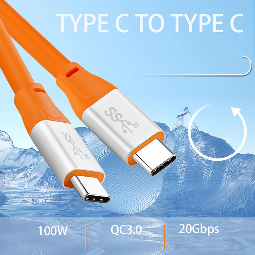 WLGQ USB C to USB C Data Cable, 3.2 GEN 2 100W Fast Charge 20Gbps USB-C Cable E-Marker Type-C 4K@60Hz Vedio Chubby Cable (3ft Orange)