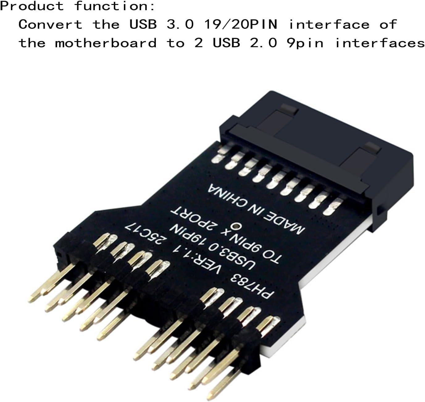 WLGQ USB 3.0 19/20 PIN to Dual Motherboard USB 2.0 9PIN Adapter, Black PCB Board, Computer Internal Header Converter
