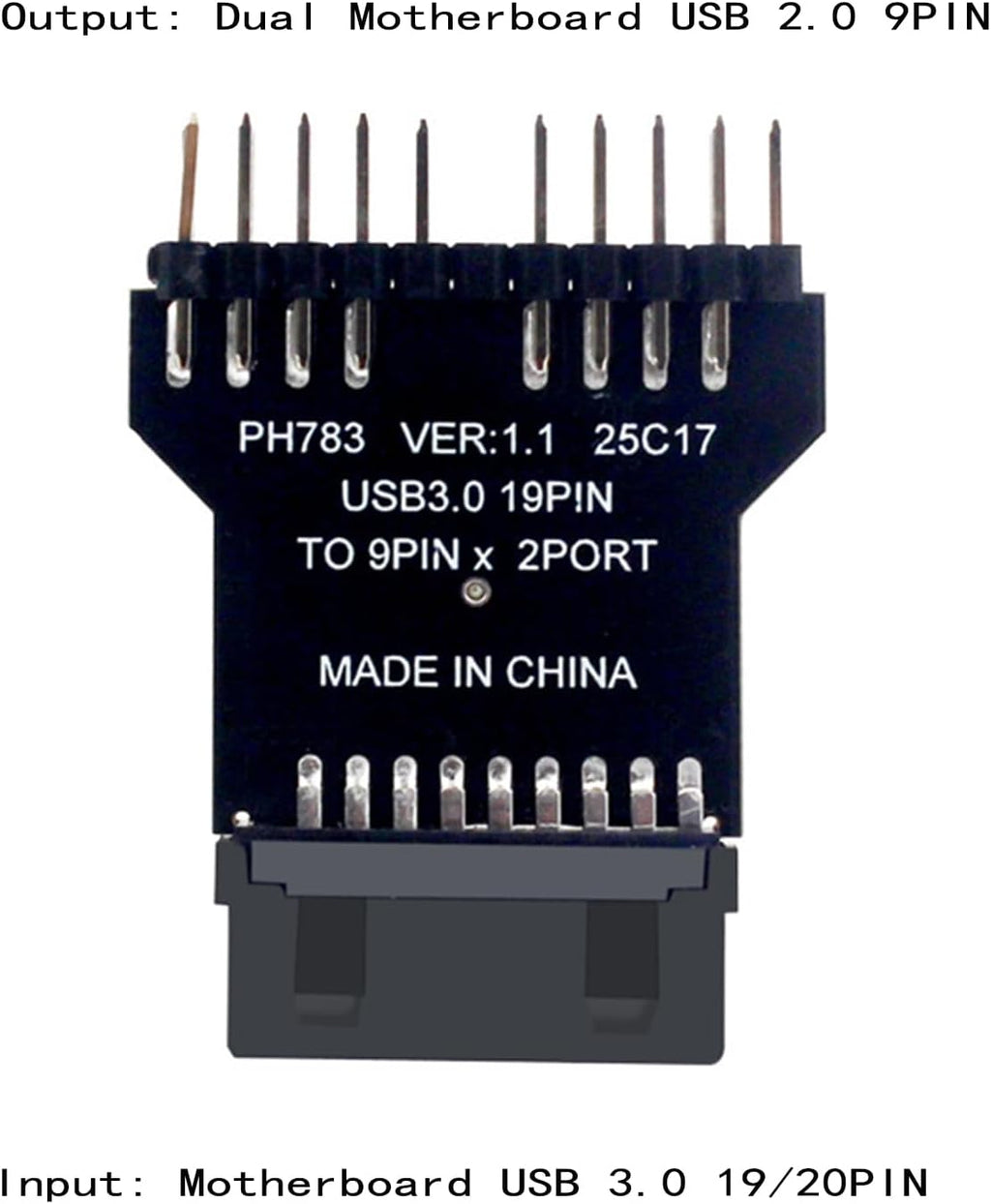 WLGQ USB 3.0 19/20 PIN to Dual Motherboard USB 2.0 9PIN Adapter, Black PCB Board, Computer Internal Header Converter