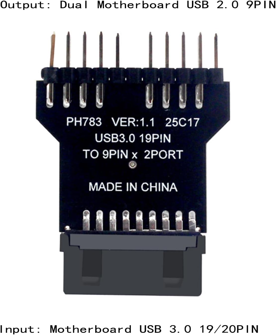 WLGQ USB 3.0 19/20 PIN to Dual Motherboard USB 2.0 9PIN Adapter, Black PCB Board, Computer Internal Header Converter