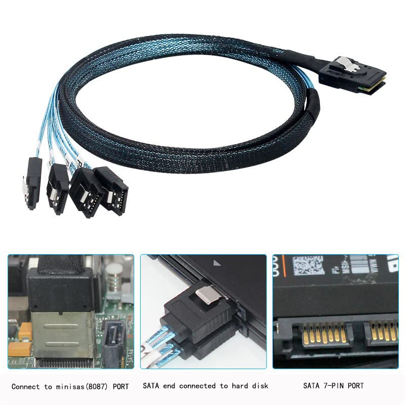 WLGQ Array Disk Cable Mini SAS 36Pin (SFF-8087) to 4 SATA 7Pin Cable, Mini SAS Host/Controller to 4 SATA90° Elbow Target/Backplane, 1M(3.3FT)
