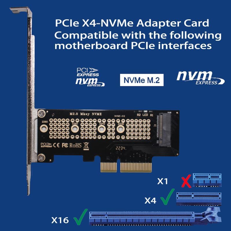WLGQ M.2 NVMe SSD to PCIe X4 Adapter Card, Black, Supports 2230/2242/2260/2280 