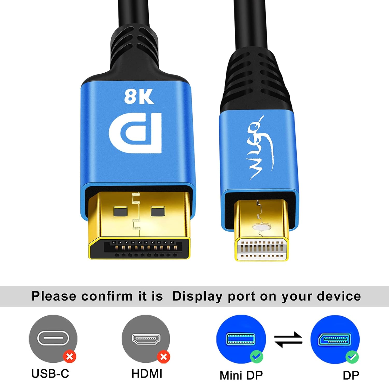 WLGQ 8K@60Hz Mini DisplayPort to DisplayPort （Mini DP to DP1.4） Mini DP (Thunderbolt Compatible) 4k@120Hz 2k@144Hz