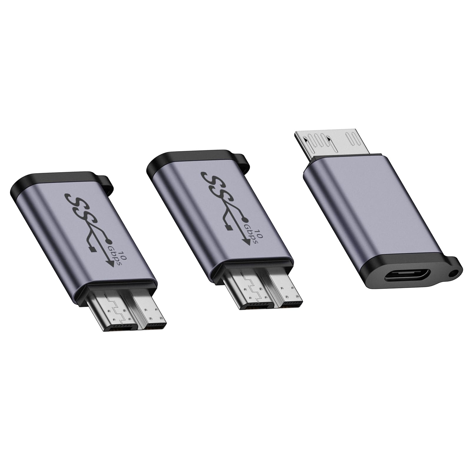 WLGQ USB 3.0 Micro B Male to A Female Adapter - 5Gbps Converter for External Hard Drive, SSD, Camera - OTG Support, Gray (3-Pack)