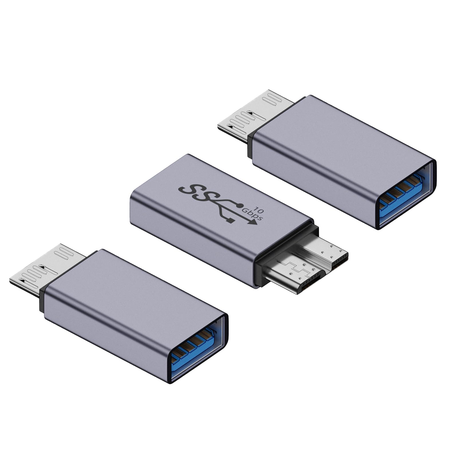 WLGQ USB 3.0 Micro B Male to A Female Adapter - 5Gbps Converter for External Hard Drive, SSD, Camera - OTG Support, Gray (3-Pack)