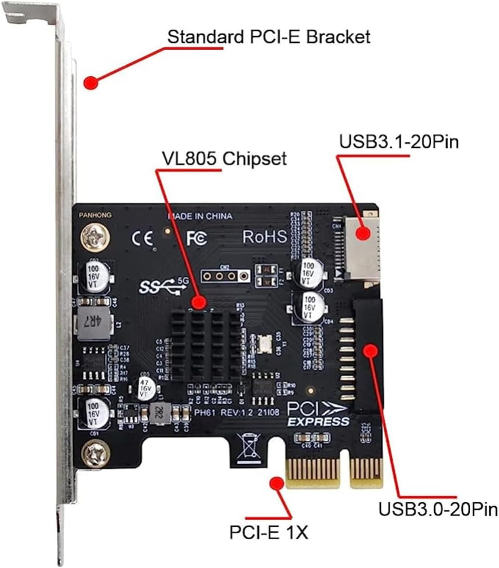 WLGQ PCI-E Rear Panel Adapter Card 1X to USB 3.2 GEN1 5Gbps Type-E Transfer USB C Female+ IDC 19Pin Transfer USB A Female Socket Expansion