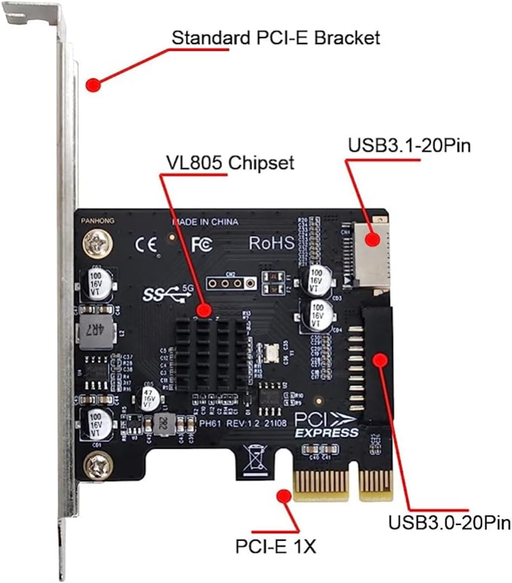 WLGQ PCI-E Rear Panel Adapter Card 1X to USB 3.2 GEN1 5Gbps Type-E Transfer USB C Female+ IDC 19Pin Transfer USB A Female Socket Expansion