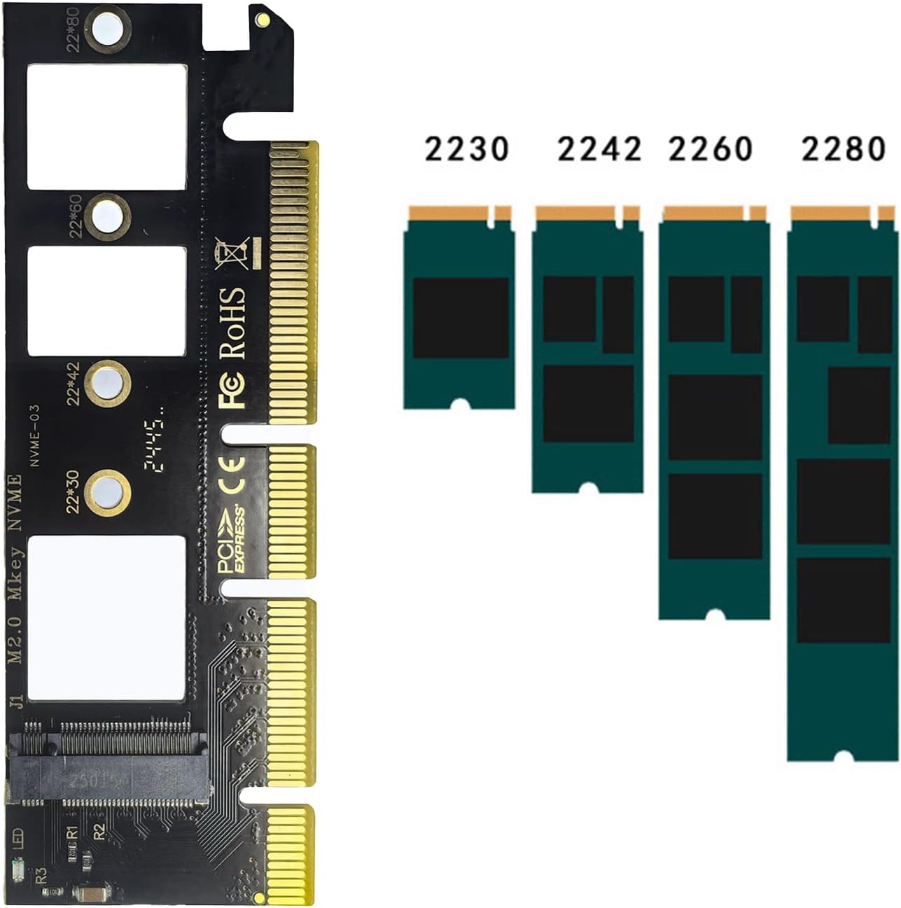 WLGQ NVMe M.2 SSD to PCIe X16 Adapter Card, Black, 2 Ports, Supports 2230/2242/2260/2280 SSD Sizes, Matte Finish 