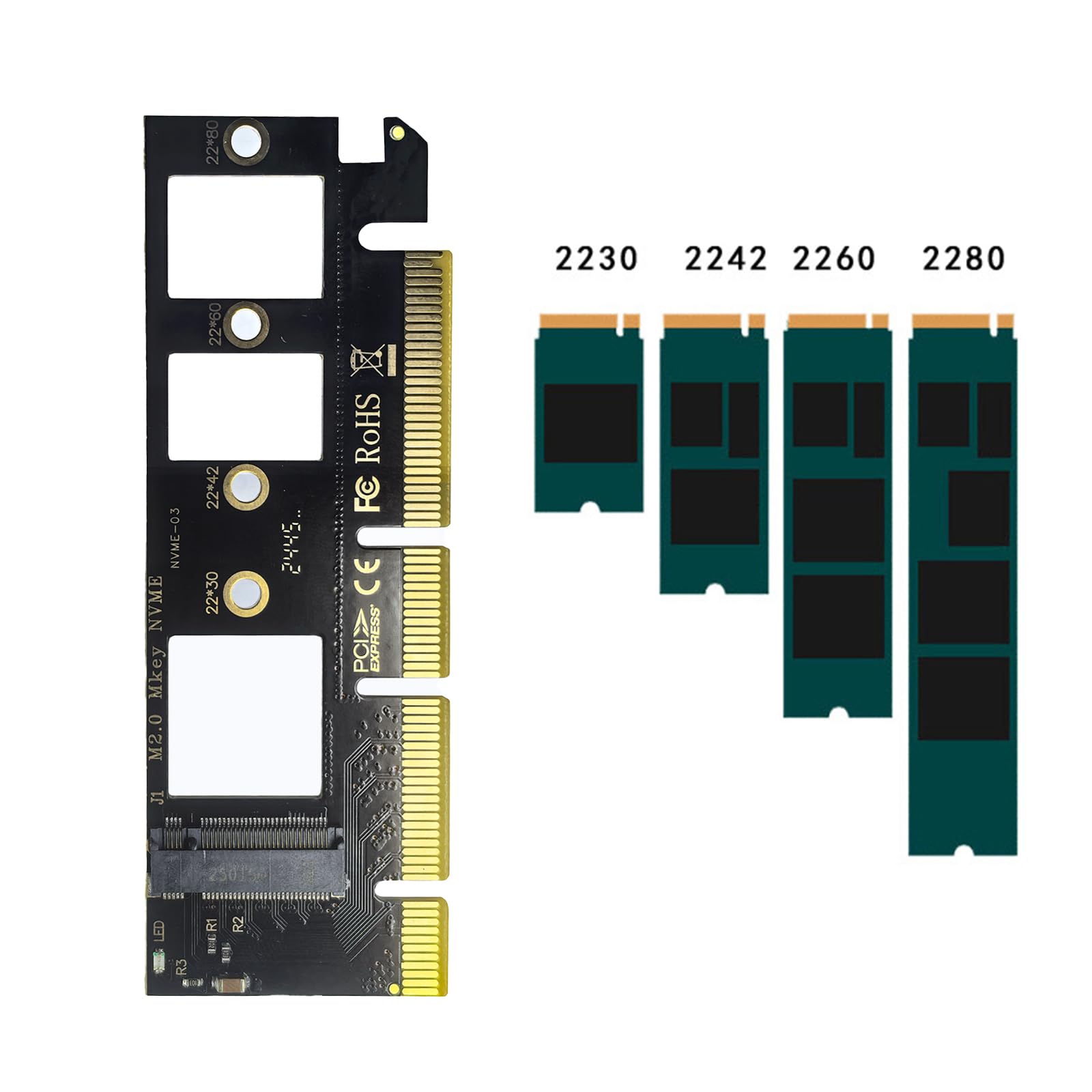 WLGQ M.2 NVMe SSD to PCIe X4 Adapter Card, Black, Supports 2230/2242/2260/2280