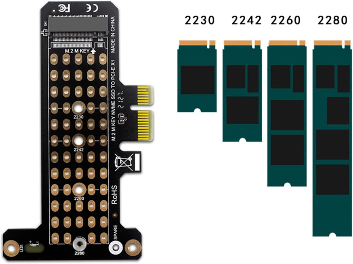 WLGQ M.2 NVMe SSD to PCIe X4 Adapter Card, Black, Supports 2230/2242/2260/2280 