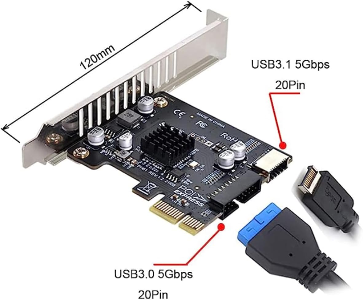 WLGQ PCI-E Rear Panel Adapter Card 1X to USB 3.2 GEN1 5Gbps Type-E Transfer USB C Female+ IDC 19Pin Transfer USB A Female Socket Expansion