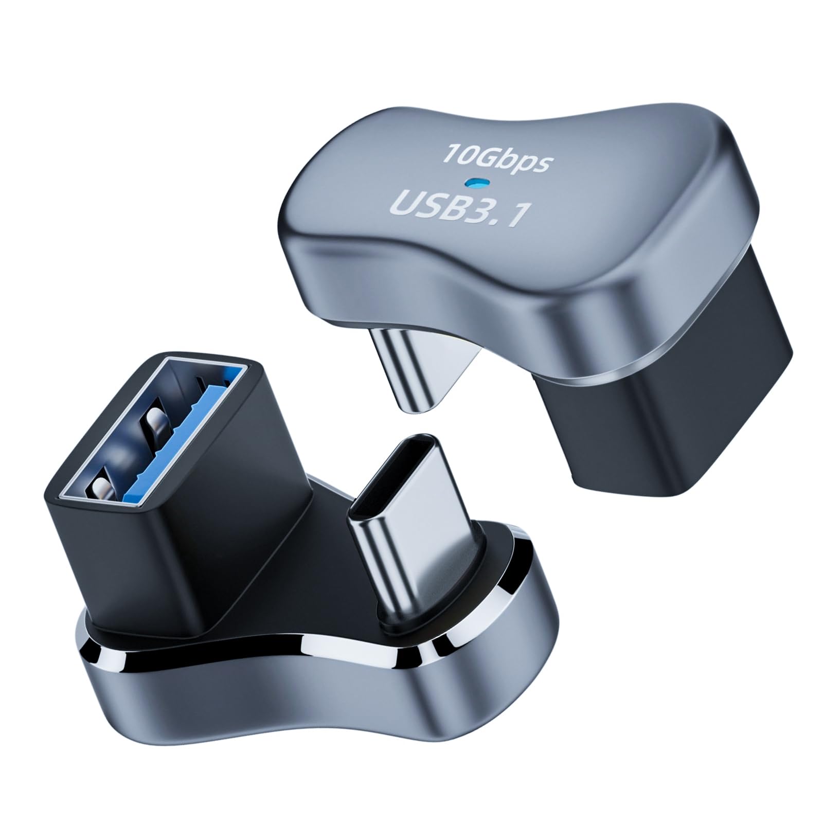 WLGQ USB 3.1 Type-C to USB-A Adapter U-Shaped Low-Profile Design, 10Gbps Data & Charging for Smartphones, Tablets, Nintendo Switch Under 11mm - 2 Pack, Gray