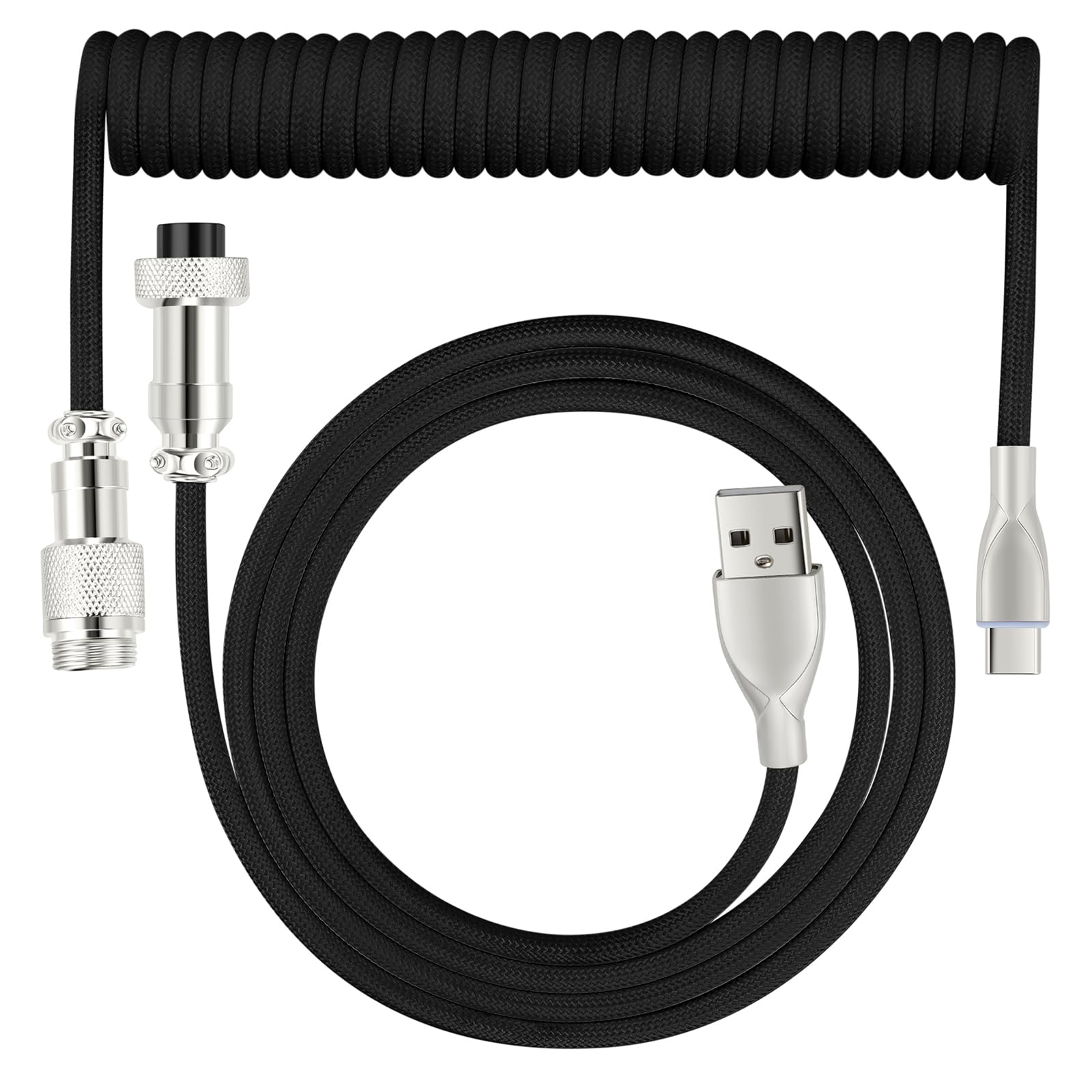 WLGQ USB C Keyboard Cable, USB C to USB A Cable for Gaming Coiled Keyboard, Braided Detachable Metal Aviator Connector Double Sleeved 6FT(Black)