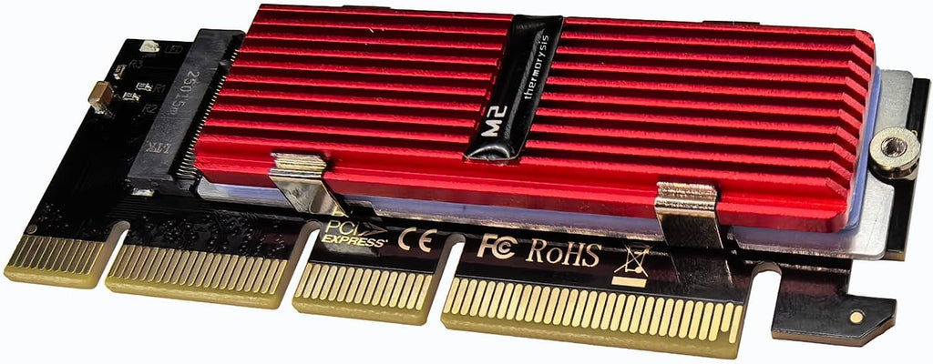 M.2 NVMe SSD to PCIe X16 Adapter Card, Red Aluminum Heatsink, Fixed Spring Plate, Thermal Silicone Cooling Solution