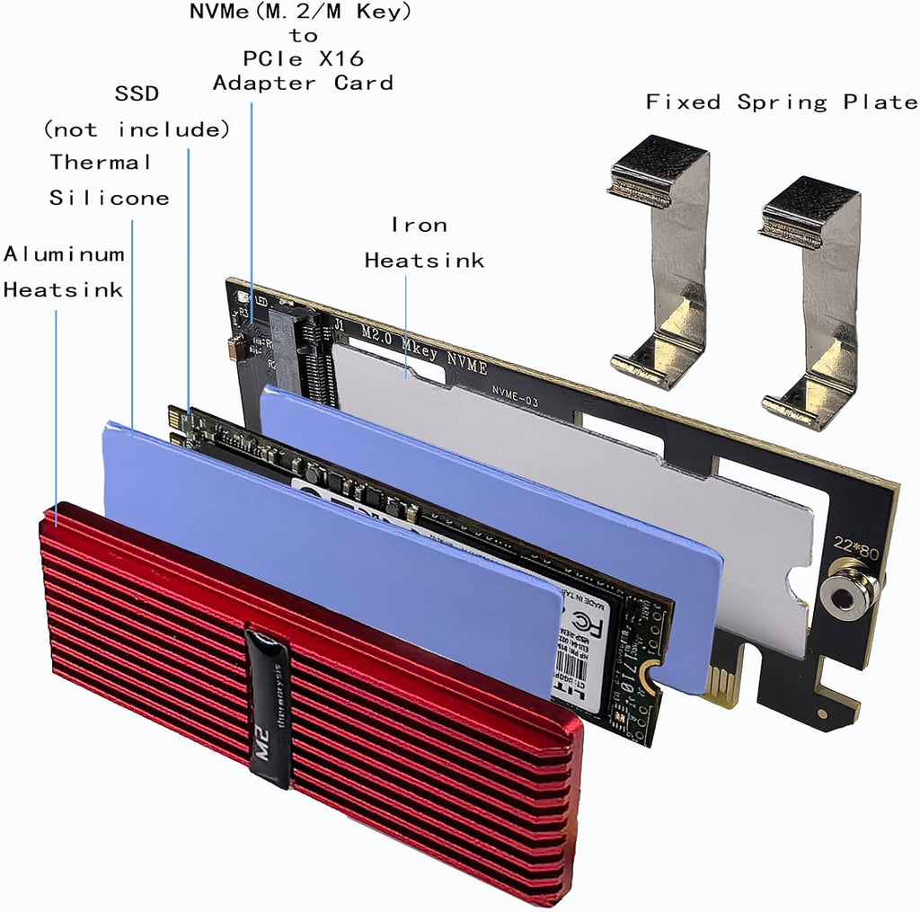 M.2 NVMe SSD to PCIe X16 Adapter Card, Red Aluminum Heatsink, Fixed Spring Plate, Thermal Silicone Cooling Solution