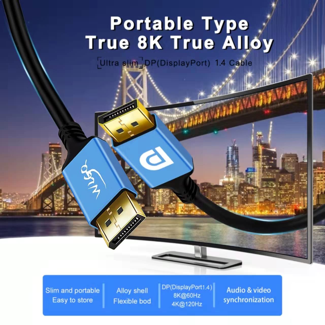 WLGQ Displayport Cable, DP 1.4 to DP 8K 60Hz 4K 120Hz Cable (2m 6.6Ft)