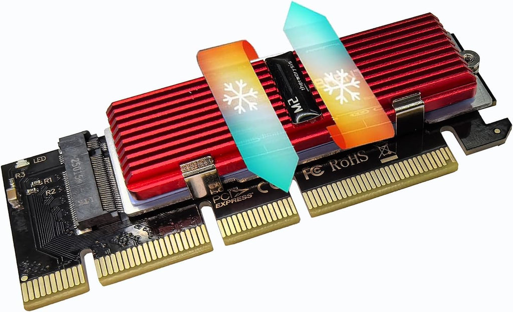 M.2 NVMe SSD to PCIe X16 Adapter Card, Red Aluminum Heatsink, Fixed Spring Plate, Thermal Silicone Cooling Solution