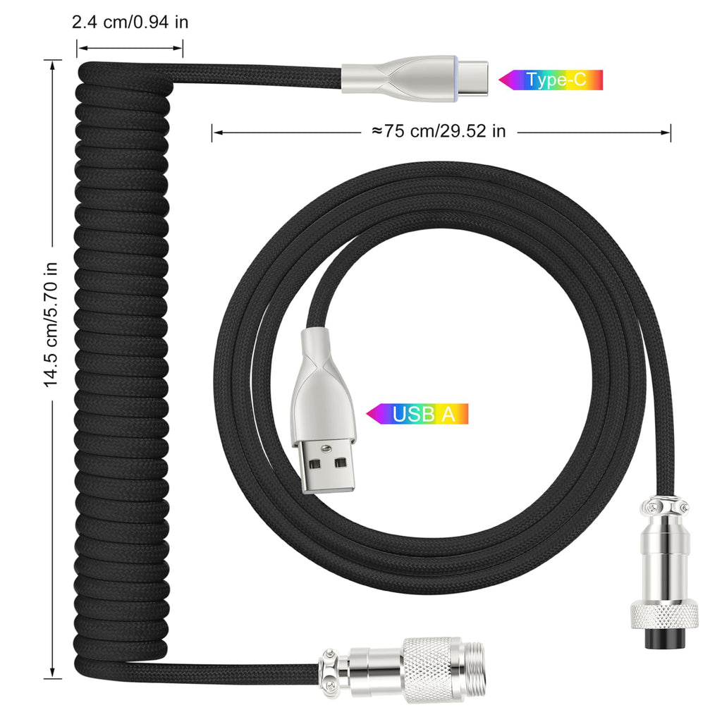 WLGQ USB C Keyboard Cable, USB C to USB A Cable for Gaming Coiled Keyboard, Braided Detachable Metal Aviator Connector Double Sleeved 6FT(Black)
