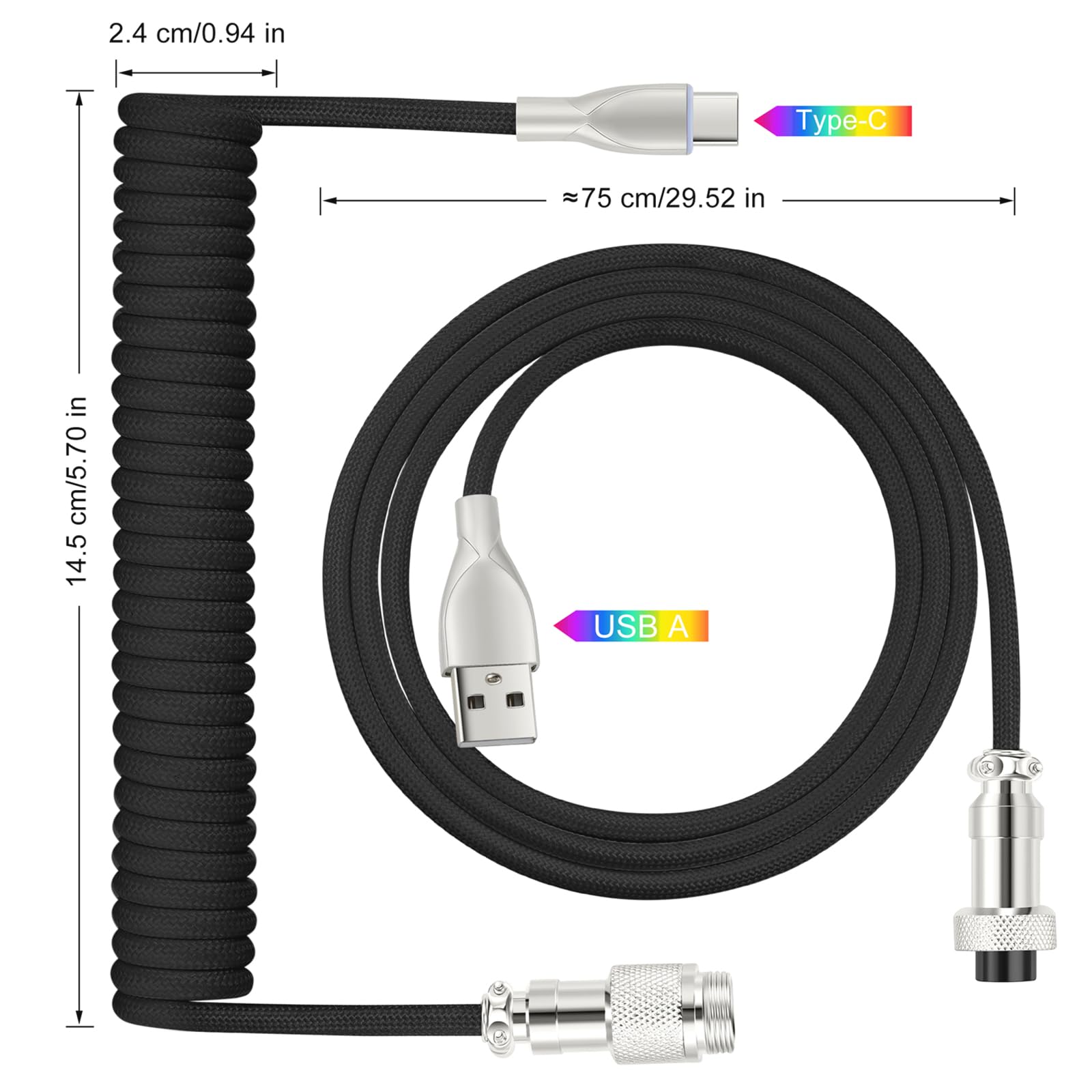 WLGQ USB C Keyboard Cable, USB C to USB A Cable for Gaming Coiled Keyboard, Braided Detachable Metal Aviator Connector Double Sleeved 6FT(Black)