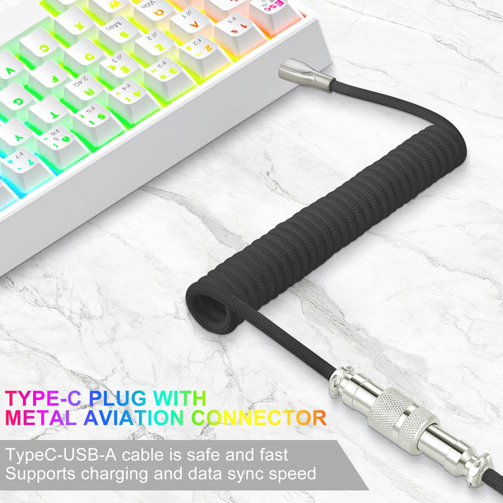 WLGQ USB C Keyboard Cable, USB C to USB A Cable for Gaming Coiled Keyboard, Braided Detachable Metal Aviator Connector Double Sleeved 6FT(Black)