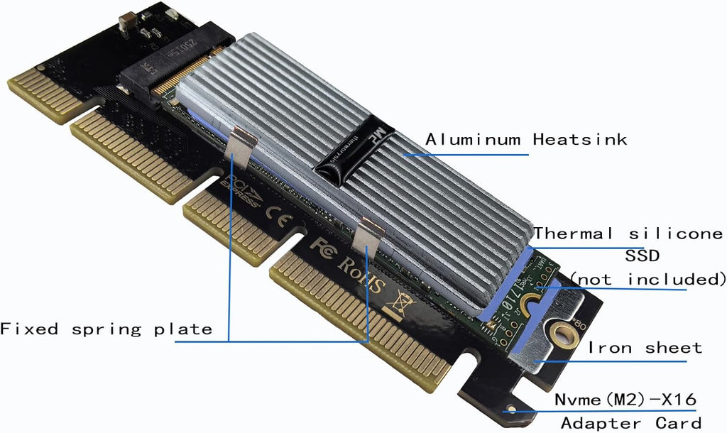 M.2 NVMe SSD to PCIe X16 Adapter Card, Silvery White Aluminum Heatsink, Fixed Spring Plate, Thermal Silicone Cooling Solution 