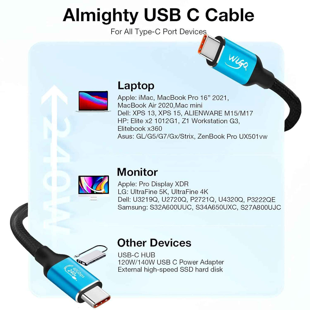 WLGQ Thunderbolt USB4 Data Cable, USB C to USB C Cable 40Gbps Data Transfer, 240W Power Delivery, 3.3FT