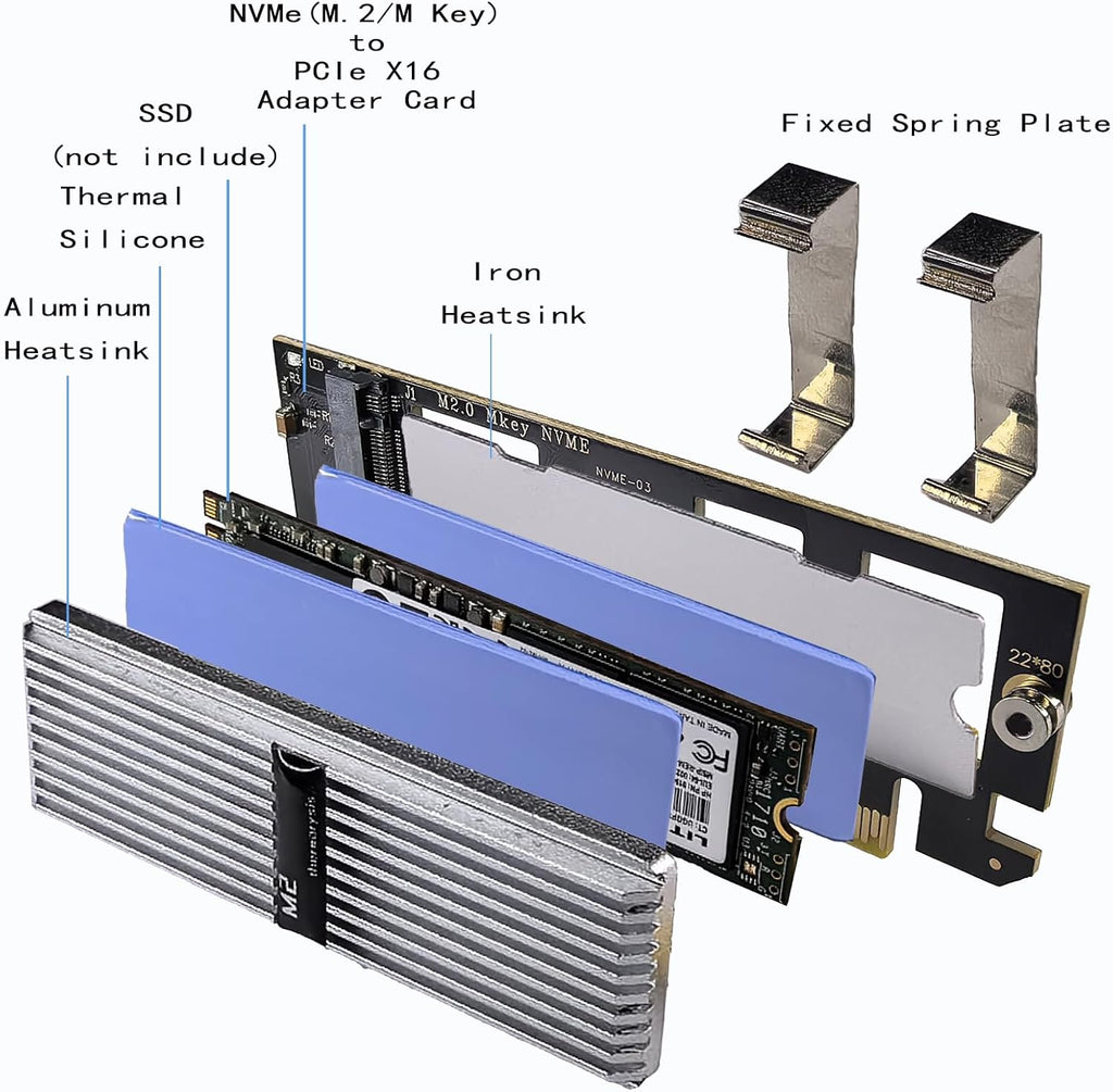 M.2 NVMe SSD to PCIe X16 Adapter Card, Silvery White Aluminum Heatsink, Fixed Spring Plate, Thermal Silicone Cooling Solution 