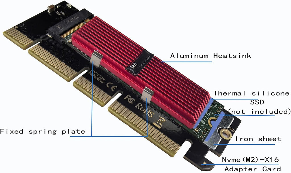M.2 NVMe SSD to PCIe X16 Adapter Card, Red Aluminum Heatsink, Fixed Spring Plate, Thermal Silicone Cooling Solution